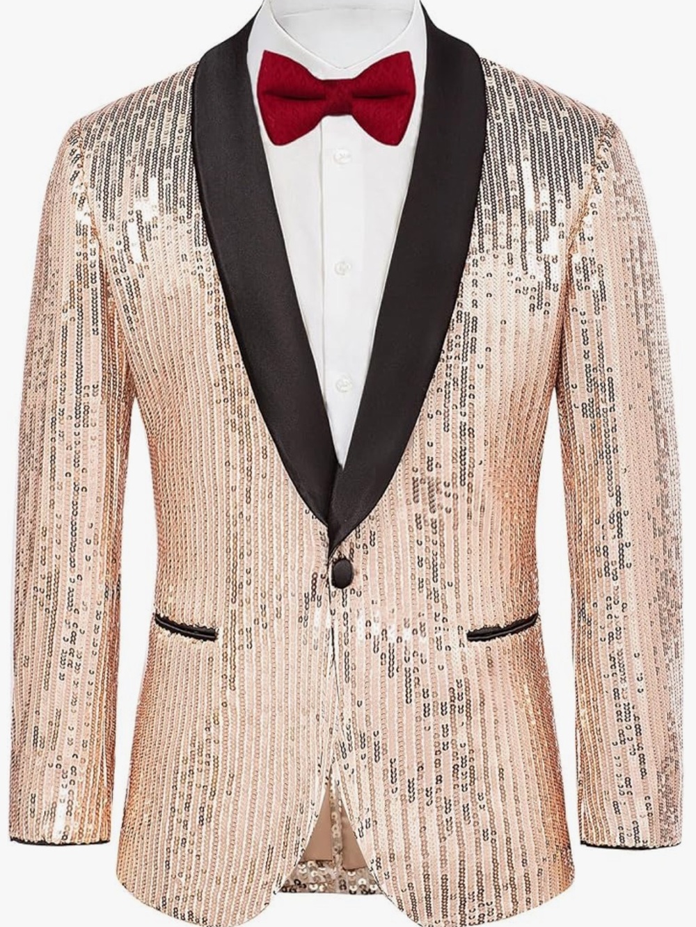 Grace Karin Rose Gold Sequin Tuxedo Jacket with Black Shawl Lapel